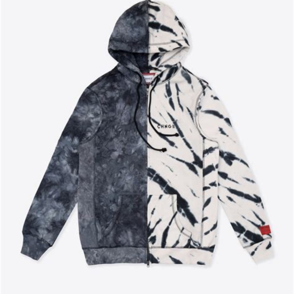 CHNGE organic Black/Chalk Tie Dye Pieced Logo Zip Hoodie size small